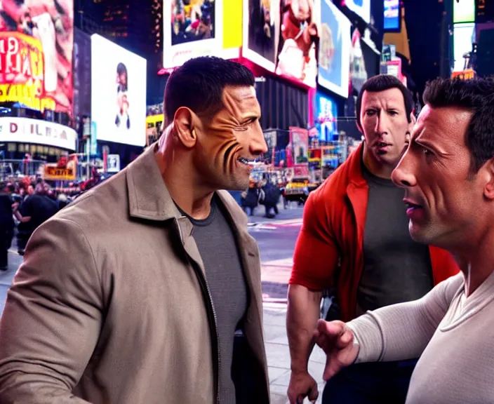 Image similar to dwayne the rock johnson and Adam Sandler on Methamphetamine at Times Square, photograph by Alfred Eisenstaedt, 4K, dramatic lighting; high energy; Full mood; 4K 8K