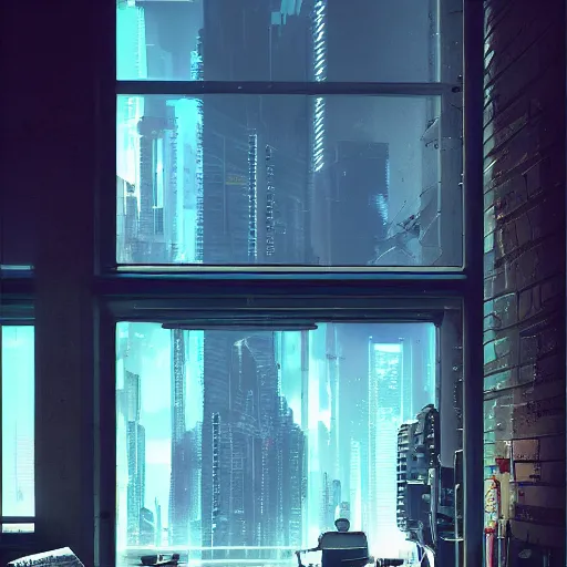 Image similar to cyberpunk, living room interior, windows, light rays, buildings, dystoptian, gorgeous view, no person, depth, game by Lucas Arts, clouds, tending on artstation