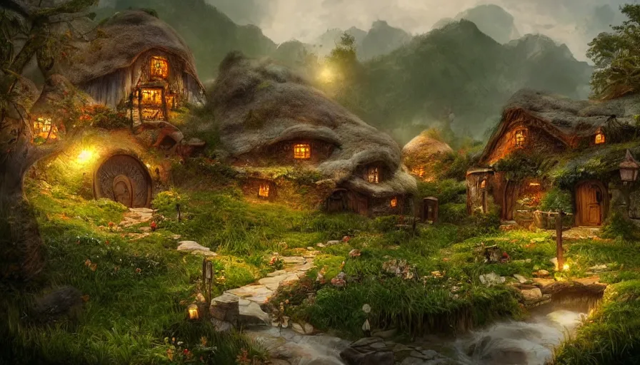 Image similar to concept art of a beautiful hobbit village, digital art, trending on artstation