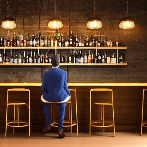 Prompt: a man sitting in a bar about to make a fundamental decision for his life, he is uncertain, but he knows he would rather have remorse than regret, 3d render