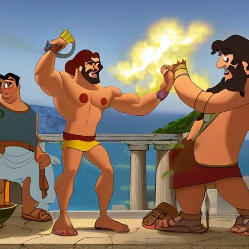 Prompt: Hercules is smoking a blunt, location is a Greek tavern, there are lots of people in the background, Pixar style