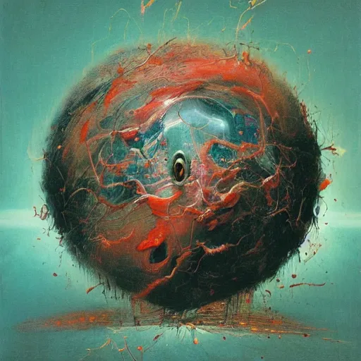 Image similar to a sphere being devoured by abstract splatters of paint in the style of francis bacon, venus being engulfed in flames in the style of james jean, surreal, beksinski, high detailed