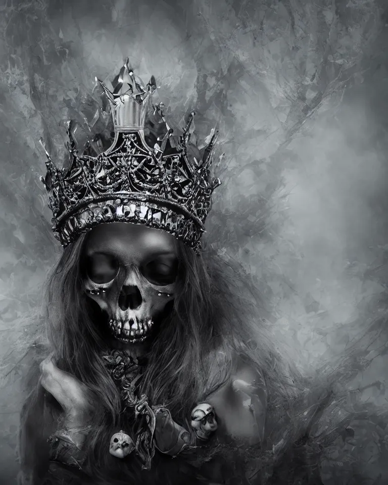 Prompt: skull queen with an origami crown, hints of silver jewelry, gothic, eerie, intricate detail, dramatic lighting, mist, grey, 4 k