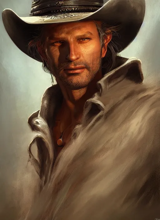 Image similar to Cowboy sorcerer drow wearing a cowboy hat, Ivan Aivakovsky, Boris Vallejo, epic fantasy character art, D&D Concept Art, full length, Realistic, Regal, Refined, Detailed Digital Art, Oil Paining, Exquisite detail, post-processing, masterpiece, Cinematic Lighting, Unreal Engine, 8k, HD, Stanley Artgerm Lau, WLOP, Rossdraws, Frank Frazetta, Andrei Riabovitchev, Marc Simonetti, trending on artstation