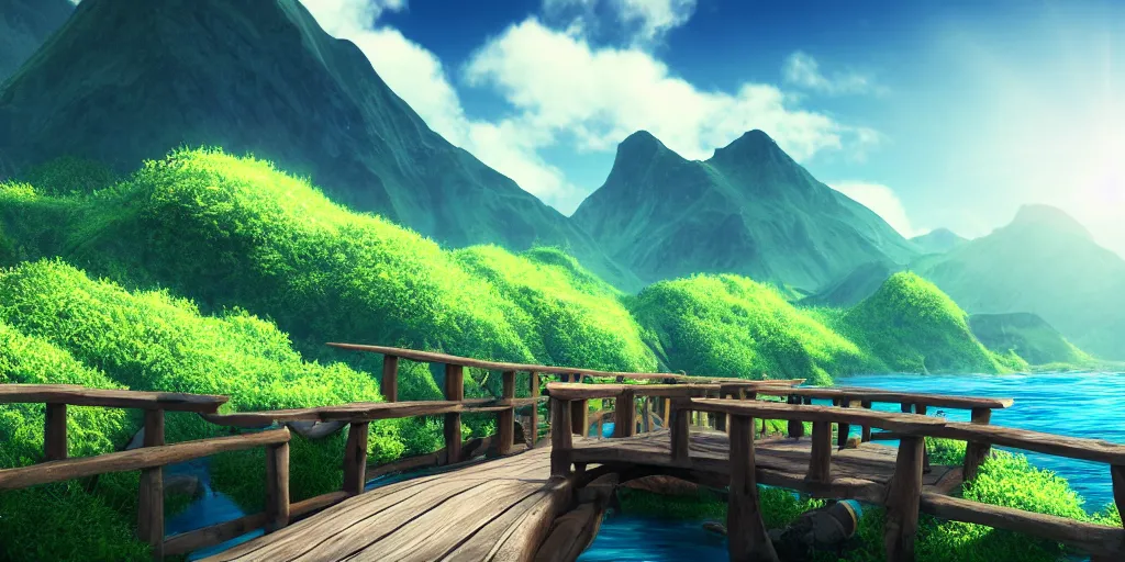 Prompt: concept art, beautiful nature, sunny day, sunshine lighting high mountains, which are higher than white fluffy clouds with green trees on top, a small wooden bridge connecting two mountains, ocean beneath the mountains with clear blue water, whales showing from the waves, cinematic, 8k, highly detailed