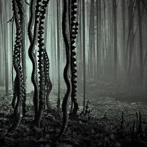 Prompt: night vision tentacles emerging from forest, found footage creepy