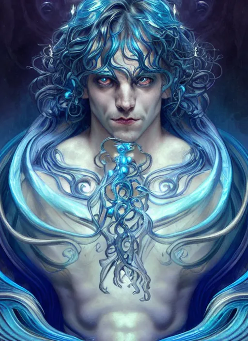 Image similar to the god poseidon, water hair, glowing eyes, volumetric lights, blue and cyan scheme, art nouveau botanicals, gothic, intricate, highly detailed, digital painting, artstation, concept art, smooth, sharp focus, symmetric face, illustration, art by artgerm and greg rutkowski and alphonse mucha