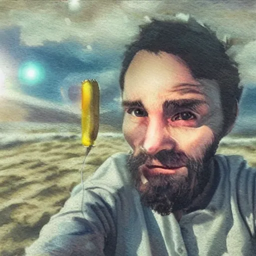 Image similar to last selfie of a human on earth, photorealistic