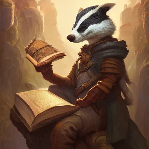 Prompt: a detailed portrait of a badger wizard holding an ancient book, by justin gerard and greg rutkowski, digital art, realistic painting, dnd, dungeons & dragons, character design, trending on artstation