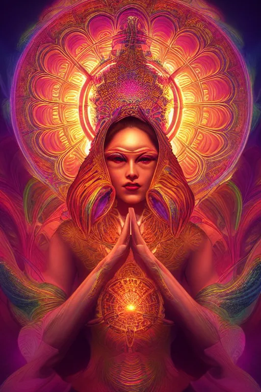 Image similar to a centered render of an alluring goddess wearing a psychedelic mask surrounded by a glorious sacred energy made from geometry and spiral mandel bulb fractals in a majestic temple, powerful, cinematic, beautifully lit, by artgerm, by karol bak, 3 d, trending on artstation, octane render, 8 k