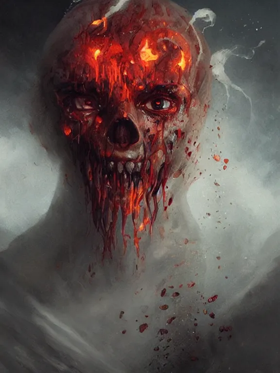 Prompt: painting by greg rutkowski of a flying sorrowful looking human head with tears running down it's eyes, face that is chalk white in color, with long white tentacles stemming from it's neck, fiery scorching red eyes, flying in a terrying hellish dark cavernous place