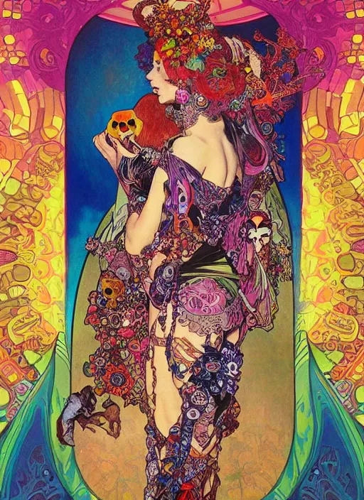 Prompt: psychedelic poster art of a cute punk goth fashion fractal Día de los Muertos tattooed girl holding a sphynx by Victor Moscoso Rick Griffin Alphonse Mucha Gustav Klimt Ayami Kojima Amano Charlie Bowater, masterpiece
