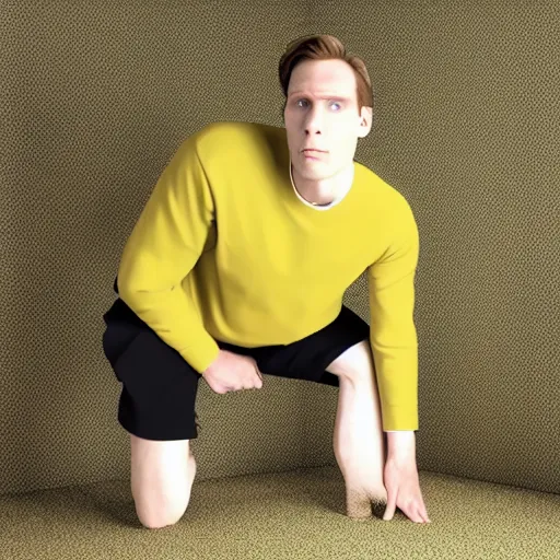 Image similar to 3 d render of jerma 9 8 5, jerma, in a liminal space, non - euclidean space, worn mono - yellow wallpaper, old moist carpet, inconsistently - placed fluorescent lighting, high octane, blender, 3 d render