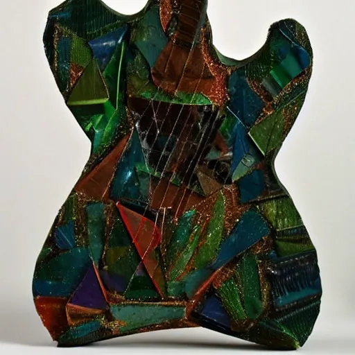 Image similar to abstract, sculpture 🎸made of various materials from rainforest of face of artificial intellicgence