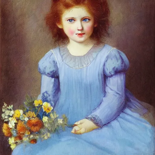 Image similar to beautiful girl, with flowers in her hand and a blue dress, Anderson Sophie