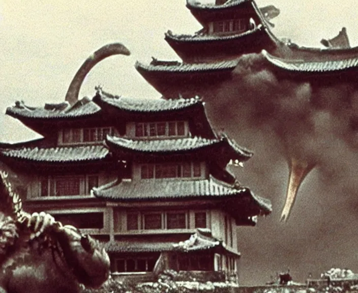 Image similar to a filmstill of a north korean monster movie, kaiju - eiga monster with starfish - arms trampling a traditional korean palace, foggy, film noir, epic battle, etheral, explosions, communist propaganda, communist epic thriller produced by kim jong - il, cinematography by akira kurosawa and tim burton, video compression