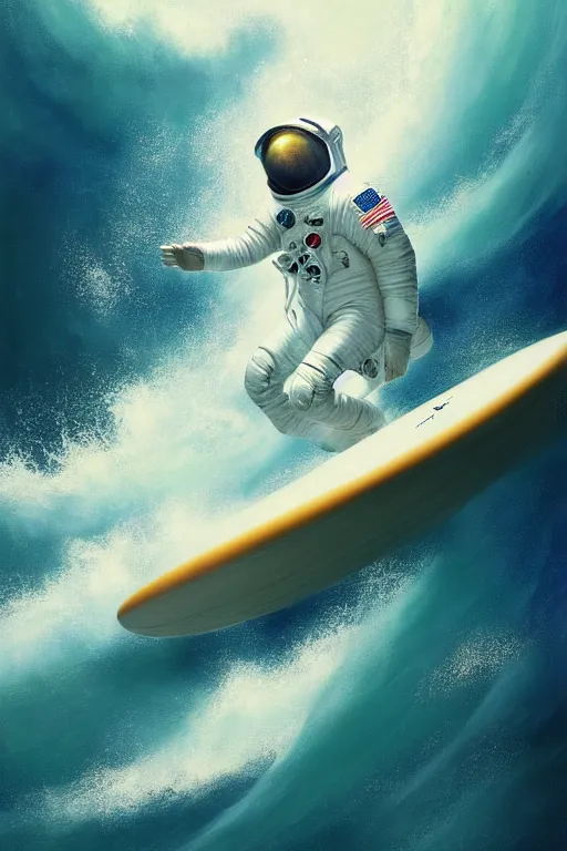 Image similar to a beautiful digital painting of an astronaut in a white space suit surfing the great wave on a surfboard by greg rutkowski, photorealistic, trending on artstation, highly detailed, intricate, unreal engine, octane render