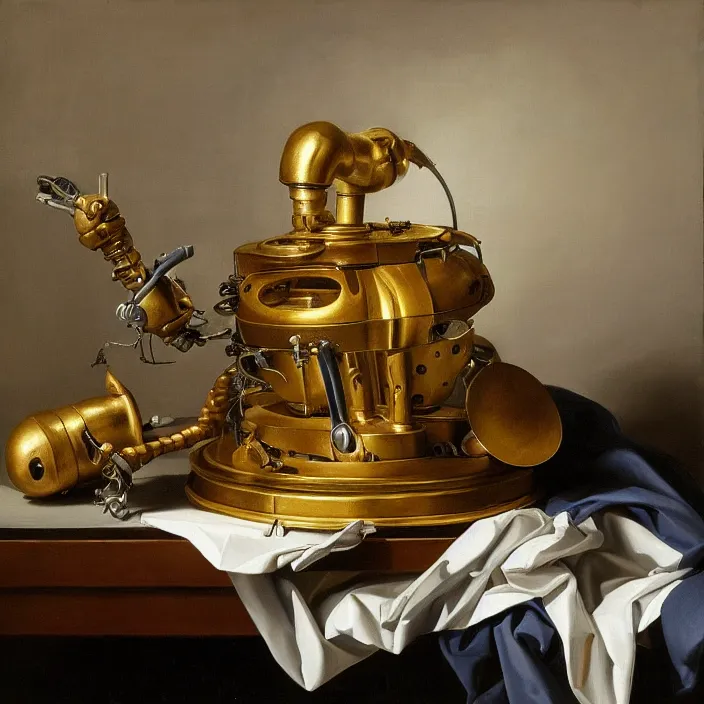Prompt: still life painting of a cybernetic arm by pieter claesz, oil on canvas, strong lighting, highly detailed, hyper realism, golden hour, god rays, hd, 4 k
