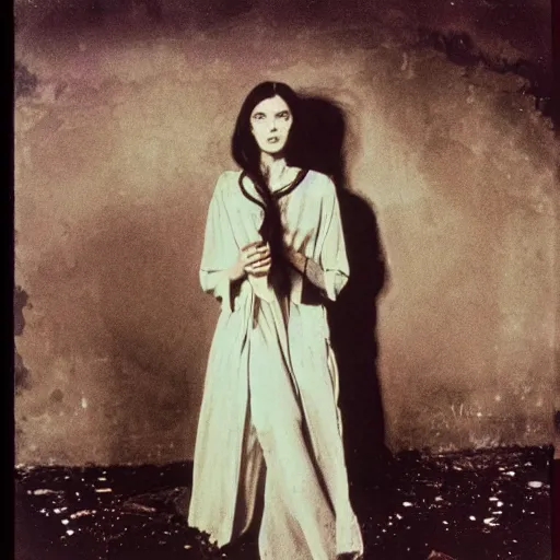 Prompt: polaroid by andrei tarkovsky and stephen gammell, surreal vogue photo shoot inside ruined theater, rim light, shot at night with studio lights, liminal space, photorealistic, high definition, technicolor, award - winning photography, masterpiece, amazing colors,
