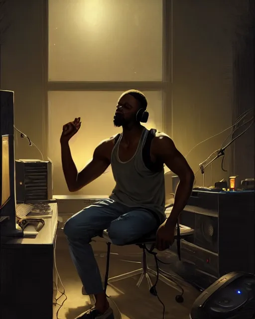 Image similar to light skin black man with headphones at his home studio producing music late at night, very detailed, 4 k, concept art like ernest khalimov, intricate details, highly detailed by greg rutkowski, ilya kuvshinov, gaston bussiere, craig mullins, simon bisley