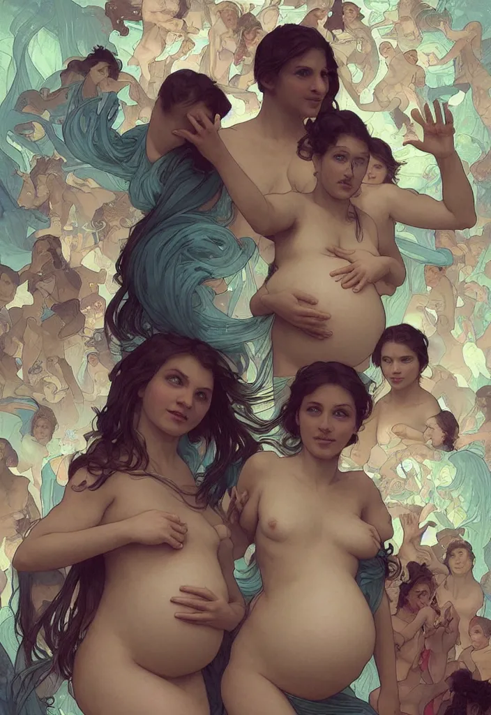 Prompt: epic pregnant woman talking to all her tribe with fluorescence bodies, proud people gather around the pregnant woman, fluorescence bodies, ice cave at night, intricate, elegant, highly detailed, digital painting, artstation, concept art, smooth, sharp focus, illustration, art by artgerm and greg rutkowski and alphonse mucha and william - adolphe bouguereau