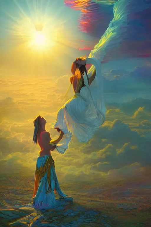 Prompt: the high Priestess of the sun god greets the rising sun, 8k resolution digital painting by David LaChapelle and Alena Aenami and Peter Mohrbacher, cinematic morning light