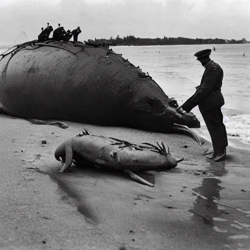 Image similar to 1940s photo, long shot, soldiers examine a huge creature washed up on a beach.