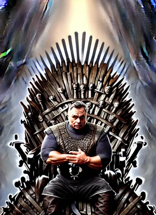 Prompt: portrait of viktor orban with synthol muscles sitting on the iron throne, d & d, muscular! fantasy, intricate, elegant, highly detailed, digital painting, artstation, concept art, smooth, sharp focus, illustration, art by artgerm and greg rutkowski and alphonse mucha