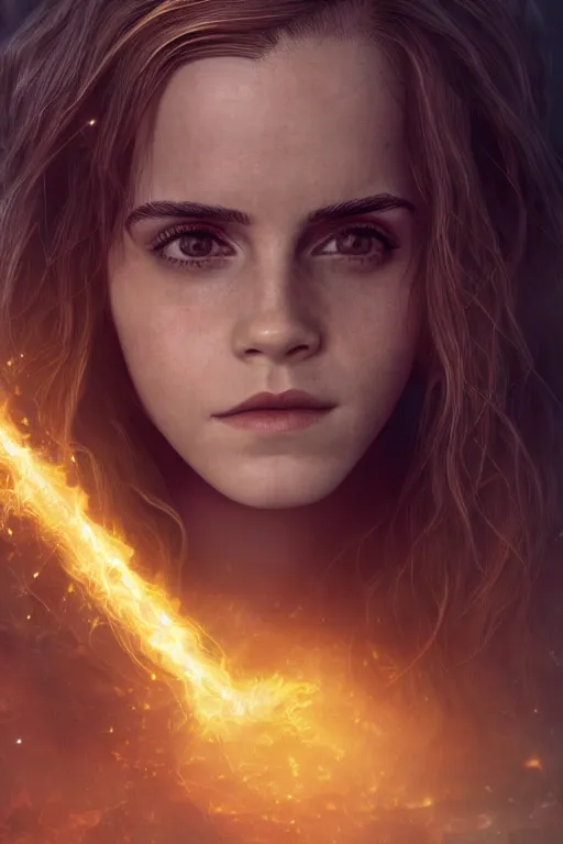 Prompt: Emma Watson as Hermione Granger, magical, forest, evening, yellow mist, symmetrical face, large eyes, hyper realistic, digital art, octane render, trending on artstation, artstationHD, artstationHQ, unreal engine, 4k, 8k