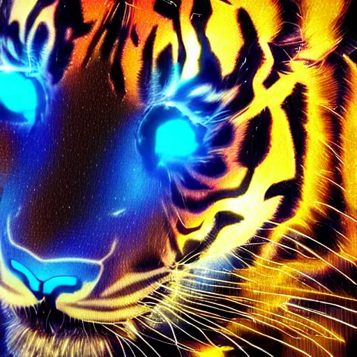 Image similar to cybernetic tiger eye, futuristic, cyberpunk, digital illustration, photo - realistic, macro, extreme details, vivid, neon, dramatic lighting, intricate details