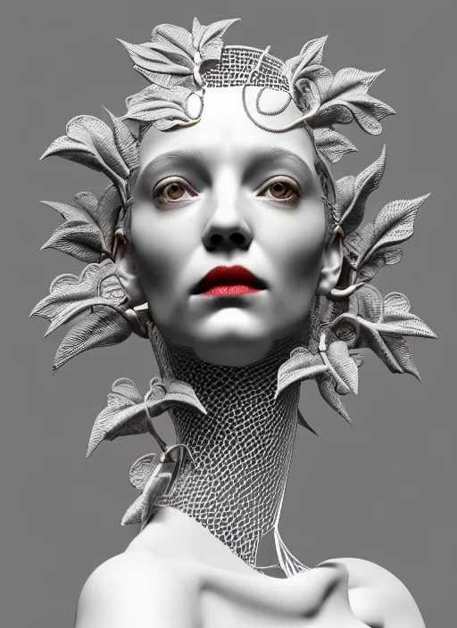 Prompt: complex 3d render ultra detailed of a beautiful porcelain profile woman face, mechanical cyborg, 150 mm, silver gold details, beautiful natural soft light, rim light, magnolia big leaves and stems, roots, fine foliage lace, mesh wire, intricate details, hyperrealistic, mandelbrot fractal, anatomical, red lips, Alexander McQueen haute couture, white metal armor, facial muscles, cable wires, microchip, elegant, octane render, H.R. Giger style, 8k