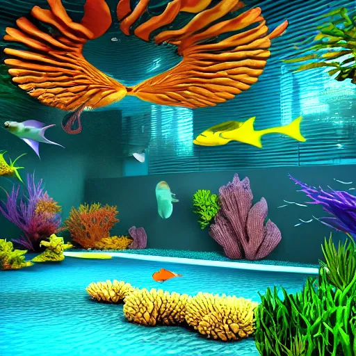 Prompt: realistic 3 d designed big modern room as aquarium with a beautiful fishes and corals, realistic colors, realistic shadows, daylight made by blender and cinema 4 d, hd, 3 d