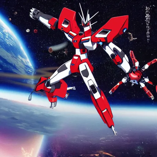 Image similar to cinematic scene of evangelion gundams fighting in space