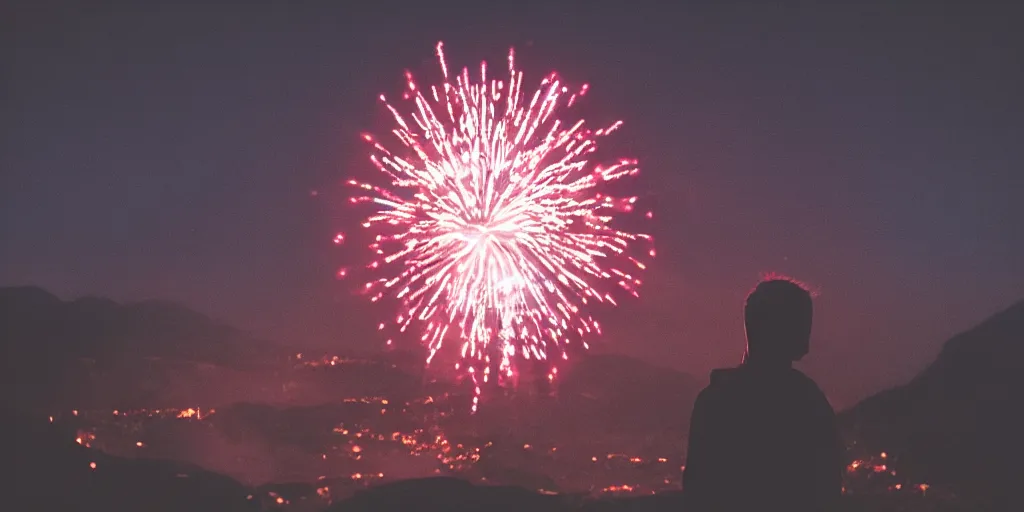 Prompt: Film still. Silhouette of young man. From behind. Centered. At night. Hills in the distance. Red fireworks far off in the sky. Cinematic lighting.