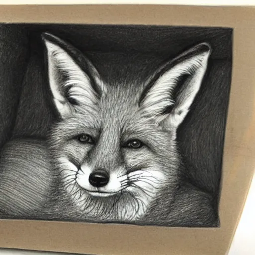 Image similar to a fox inside a box, pencil drawing, award winning, highly detailed