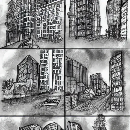 Image similar to a world fallen by disease, cities completely wasted away, nature taken over and grow over buildings, high quality sketch art