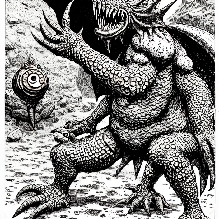 Image similar to an octorok spitting rocks, as a d & d monster, pen - and - ink illustration, etching, by russ nicholson, david a trampier, larry elmore, 1 9 8 1, hq scan, intricate details, high contrast