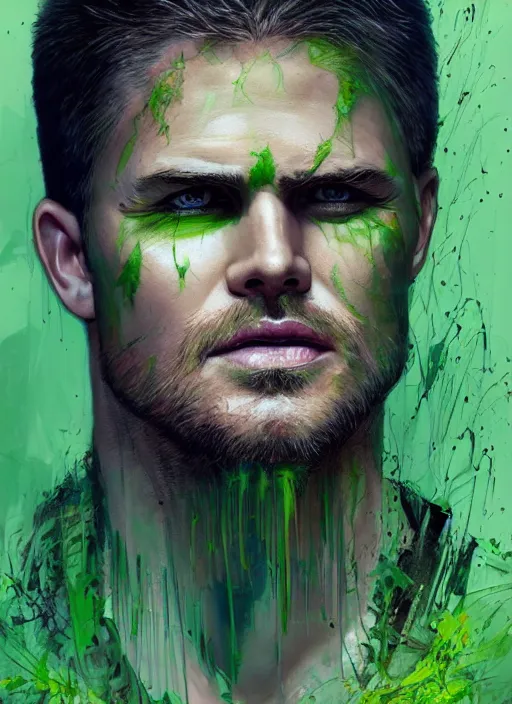 Prompt: a Demon Slayer portrait of Stephen Amell, tall, pale-skinned, slender with lime green eyes and long eyelashes by Stanley Artgerm, Tom Bagshaw, Arthur Adams, Carne Griffiths, trending on Deviant Art, street art, face enhance, chillwave, maximalist, full of color, glittering