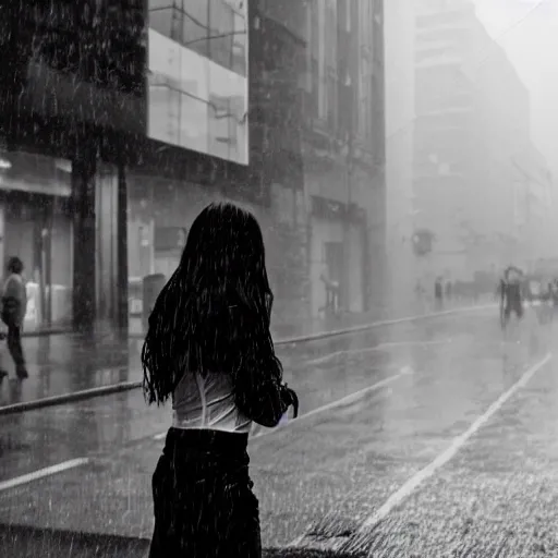 Prompt: a beautiful photo of a young woman in a white shirt in the rain outside in the street in a cyberpunk city