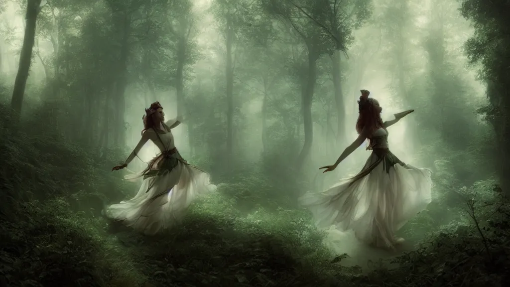 Image similar to elven princess dancing in the dark forest. andreas achenbach, artgerm, mikko lagerstedt, zack snyder, tokujin yoshioka