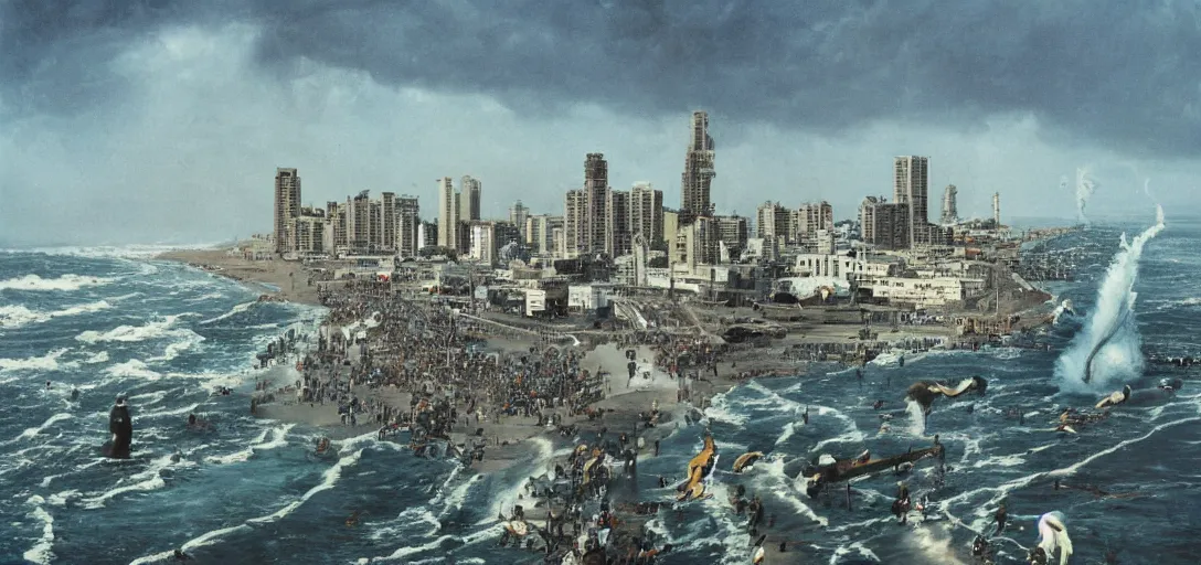 Prompt: apocaliptic Portrait of the city of Mar del Plata with a offshore oil dripping , crowd of sudamericans lions sea, by stephen Shoreand Arthur Adams , epic composition 35mm, 8k