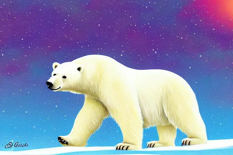 Image similar to a relaxed polar bear looking to the sky by lisa frank, digital art,