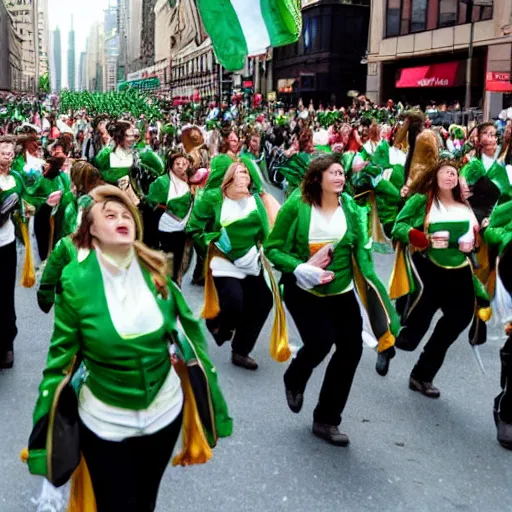 Image similar to a parade of avocados you marching down 5 th ave manhattan on st. patrick's day being lead by emma watson, 8 k, photo realistic, extremely life like