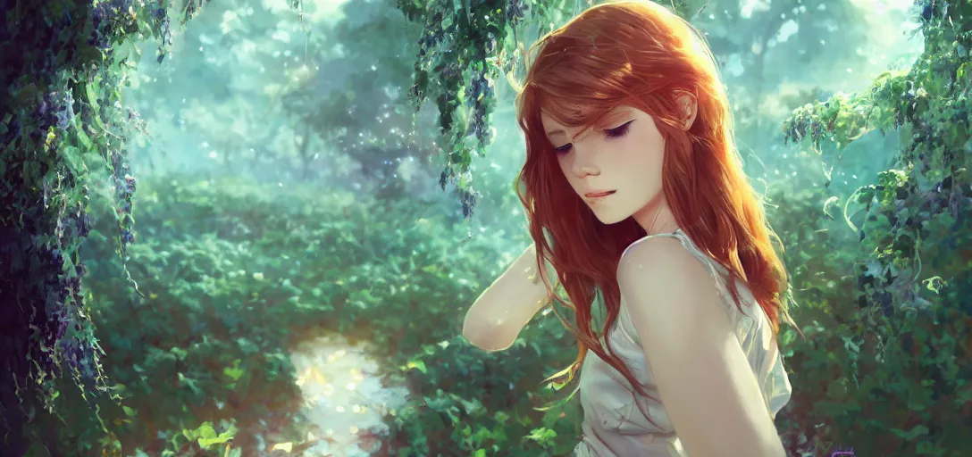 Image similar to a beautiful southern woman named Savannah, innocent, somber turquoise eyes, freckles, long ginger hair tied with white ribbon, sad under a wisteria plant, gentle lighting, storm in the distance, simple dress, digital art by Makoto Shinkai ilya kuvshinov and Wojtek Fus, digital art, concept art,