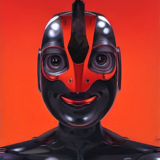 Prompt: self portrait of a humanoid robot with a beetle pincer face. Red and black body, digital art, realistic, ultradetailed, concept art in the style of Science Fiction. art by Syd Mead and Moebius, trending on artstation, devianart, cgsociety