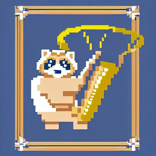 Prompt: pixel art of a chubby raccoon playing an oversized tuba