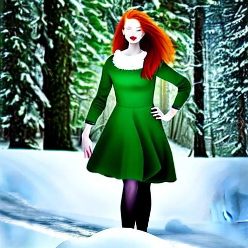 Prompt: redhead women in a green dress, with pockets, photorealistic, saturated colors, winter scenario