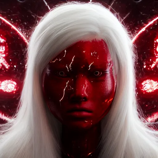 Prompt: beautiful albino Asian girl armor covered in blood, unreal engine octane, red and white, portrait, gliter, depth of field, 8k, hyper detailed