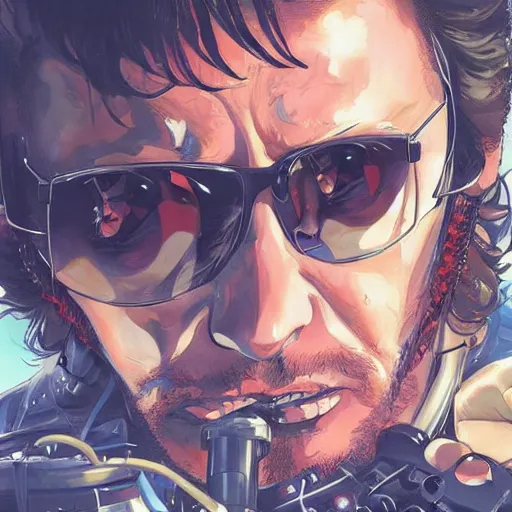 Prompt: An anime portrait of Johnny Hallyday, by Stanley Artgerm Lau, WLOP, Rossdraws, James Jean, Andrei Riabovitchev, Marc Simonetti, and Sakimichan, tranding on artstation with a blend of manga-style art, augmented with vibrant composition and color, all filtered through a cybernetic lens, studio lighting, lit by flashing pixel light