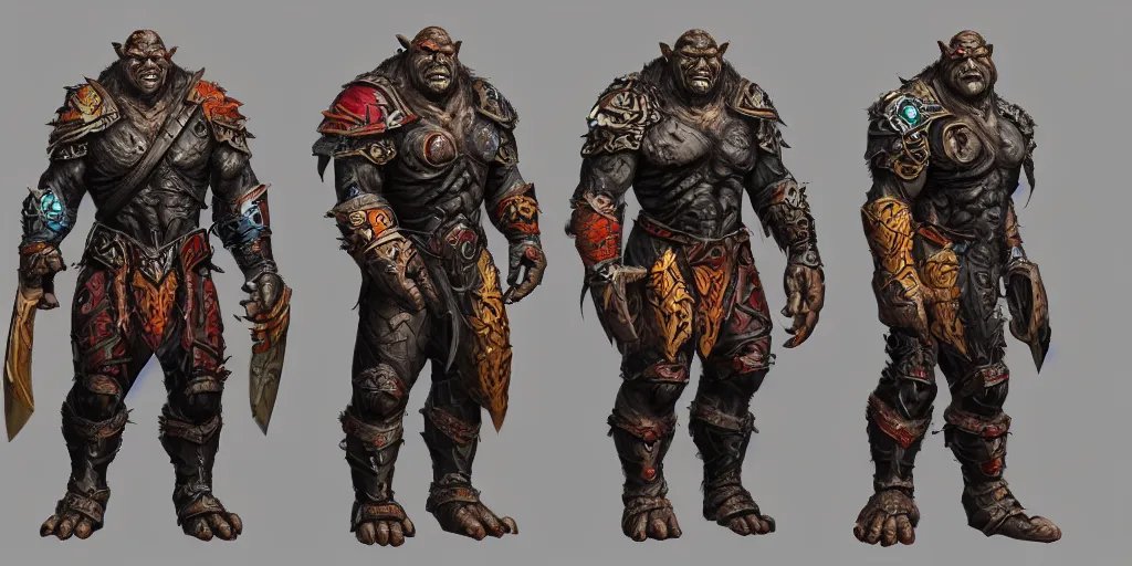 Image similar to different views of orcs in armour, colourful intricate!! concept art by senior character artist, trending on artstation, artstation hd, full body dynamic lighting character render